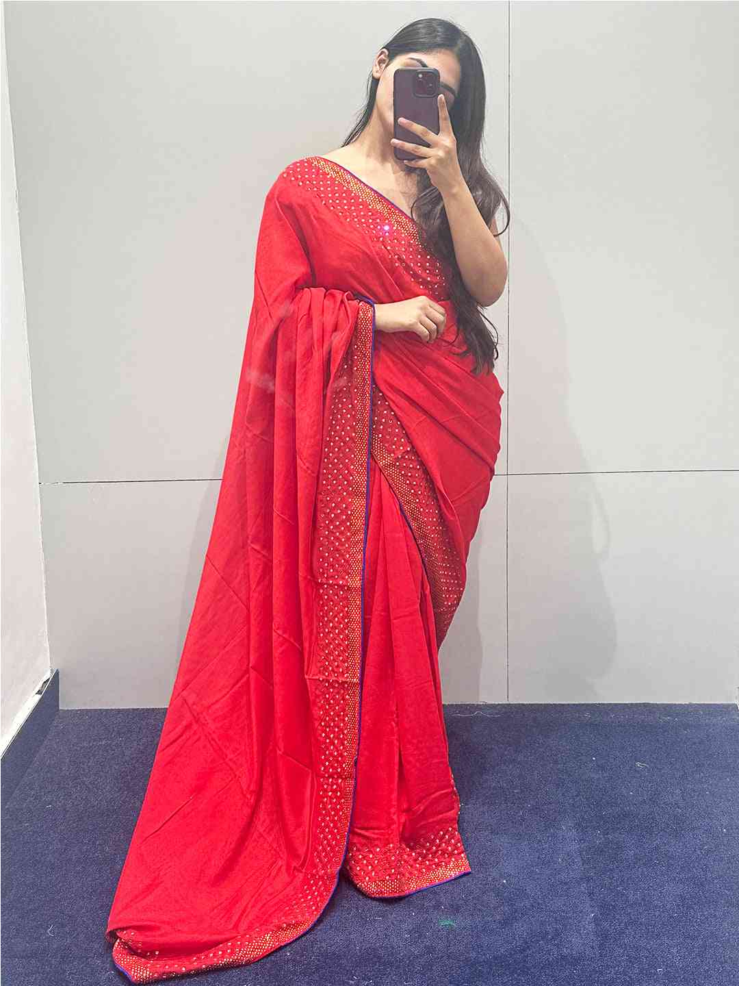 Red colour Vichitra Silk Saree With Embellish Swarovski Stone work by My Store