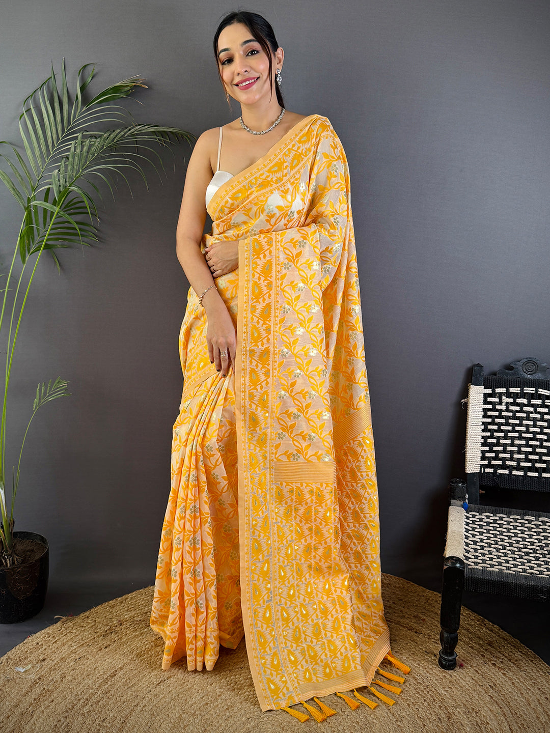 Gold Soft Dhakai Jamdani Silk Saree by My Store