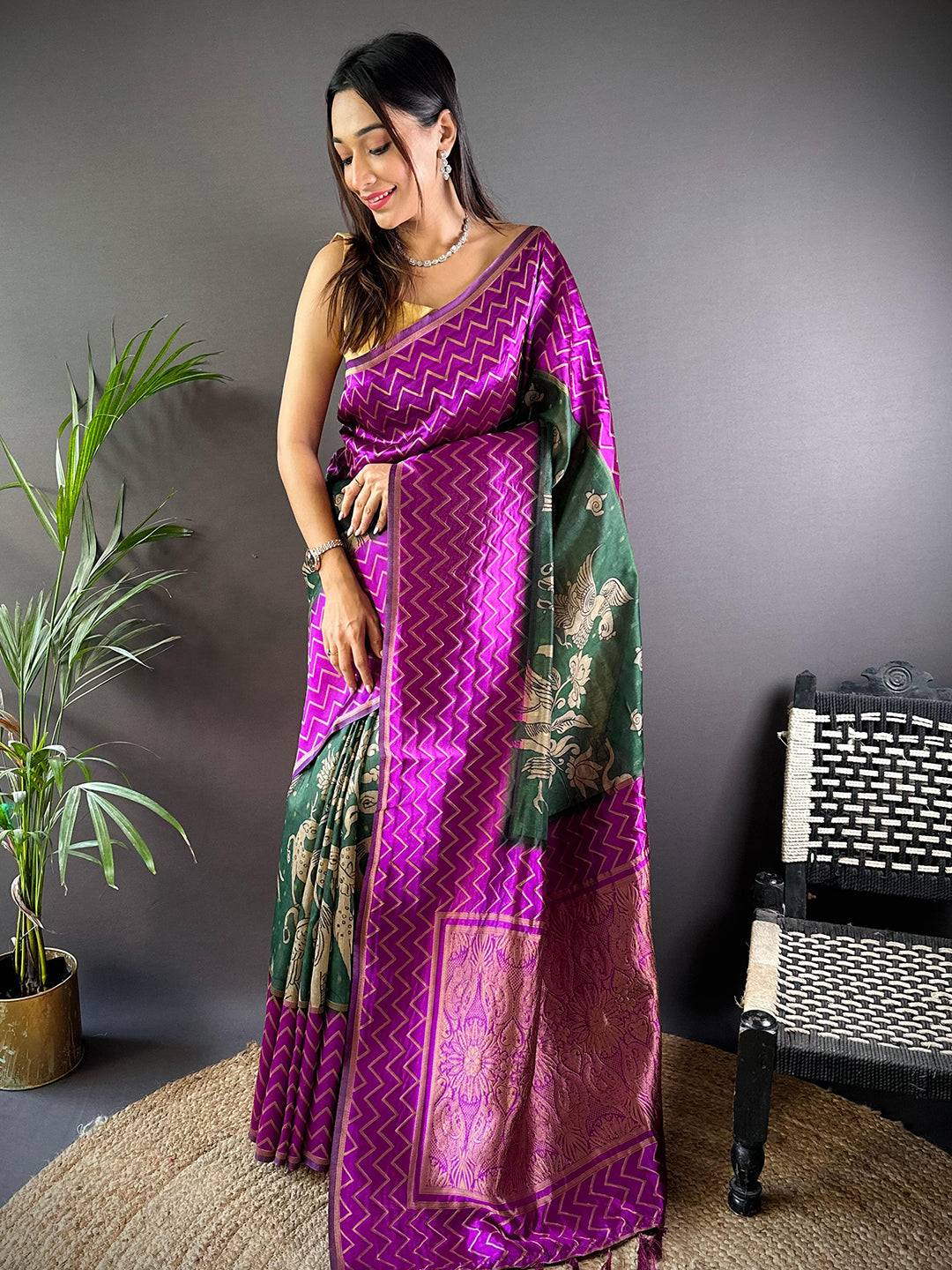 Wine Heritage Weave Kalamkari Soft Silk Saree