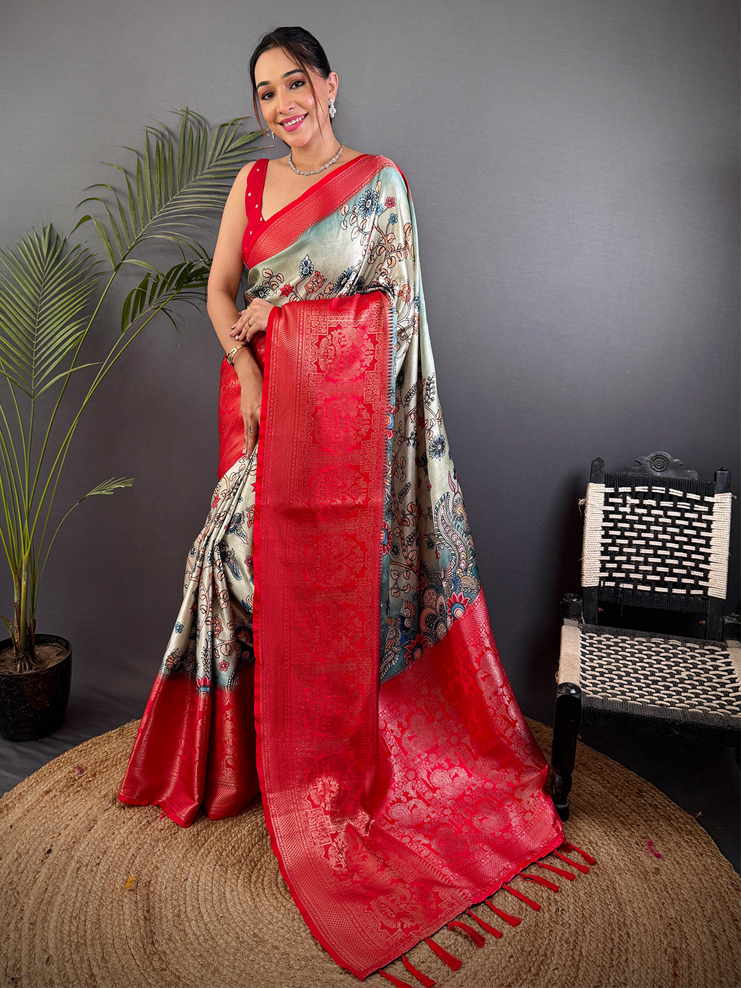 Sage Green Kalamkari Printed Soft Satin Saree by My Store