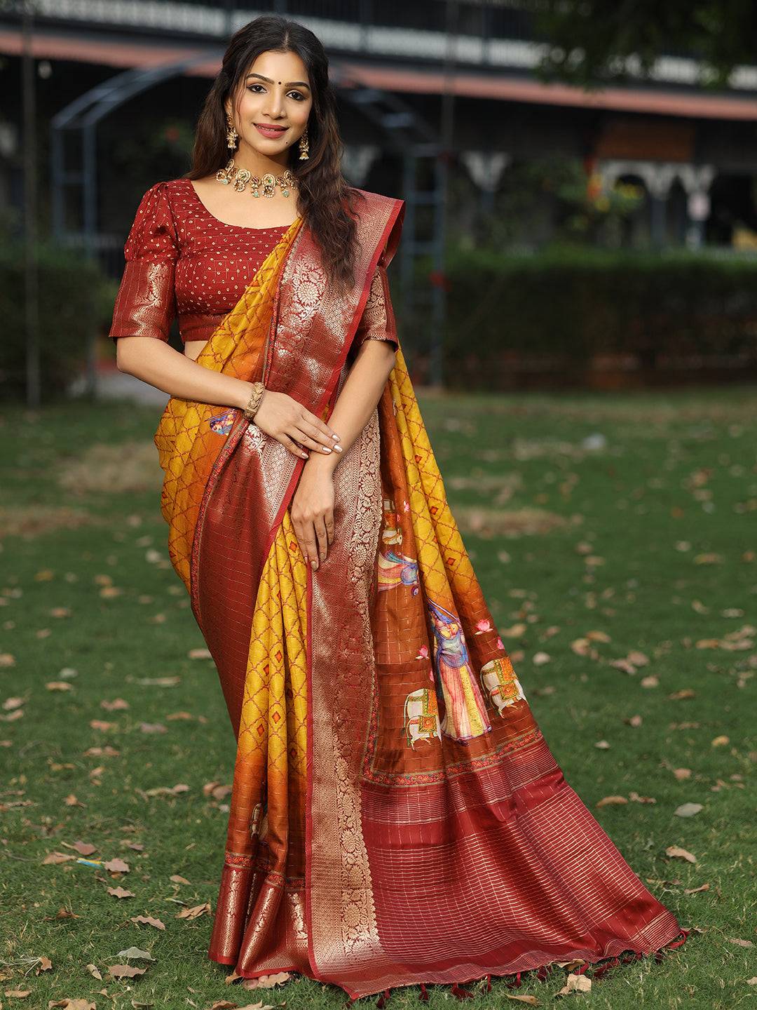 Mustard Colour Pure Viscose Dola Silk Saree With Mughal Motifs - Luxe