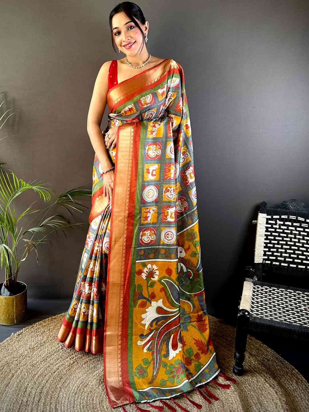 Grey Soft Silk Kalamkari Check Floral Print Saree by My Store