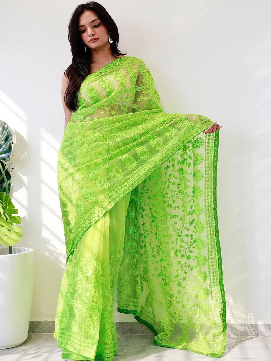 Elegant Saree Adorned with Ethnic Motifs, Intricate Threadwork, and Embellished Borders by My Store