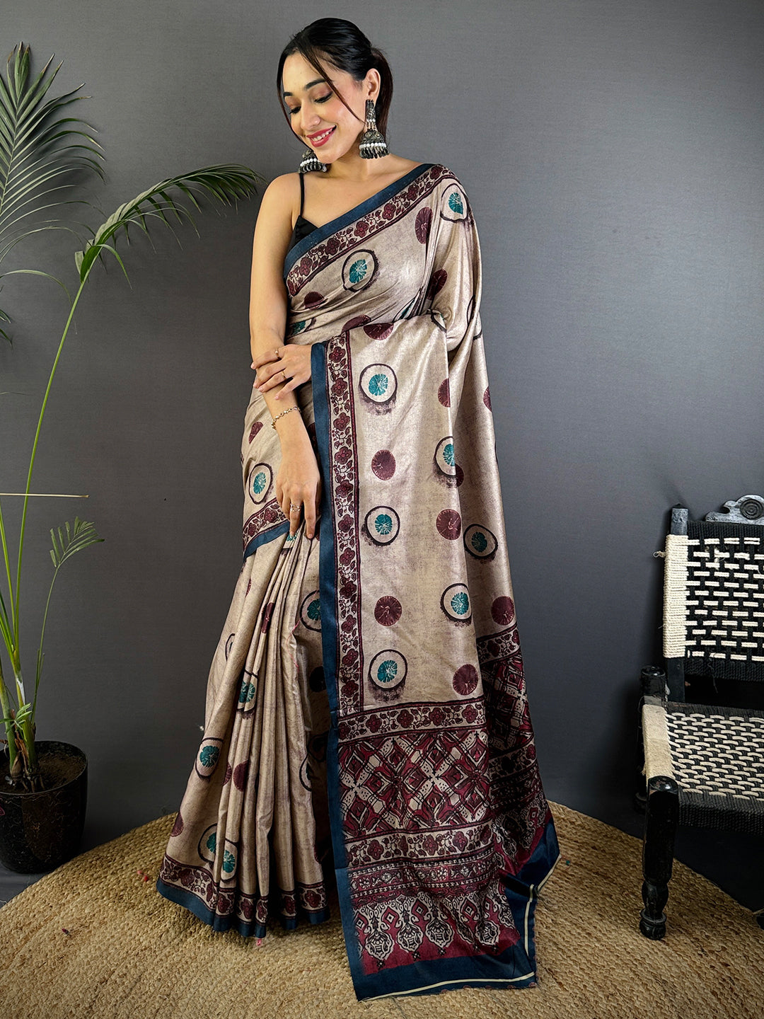 Tan Soft Dola Silk Printed Saree by My Store