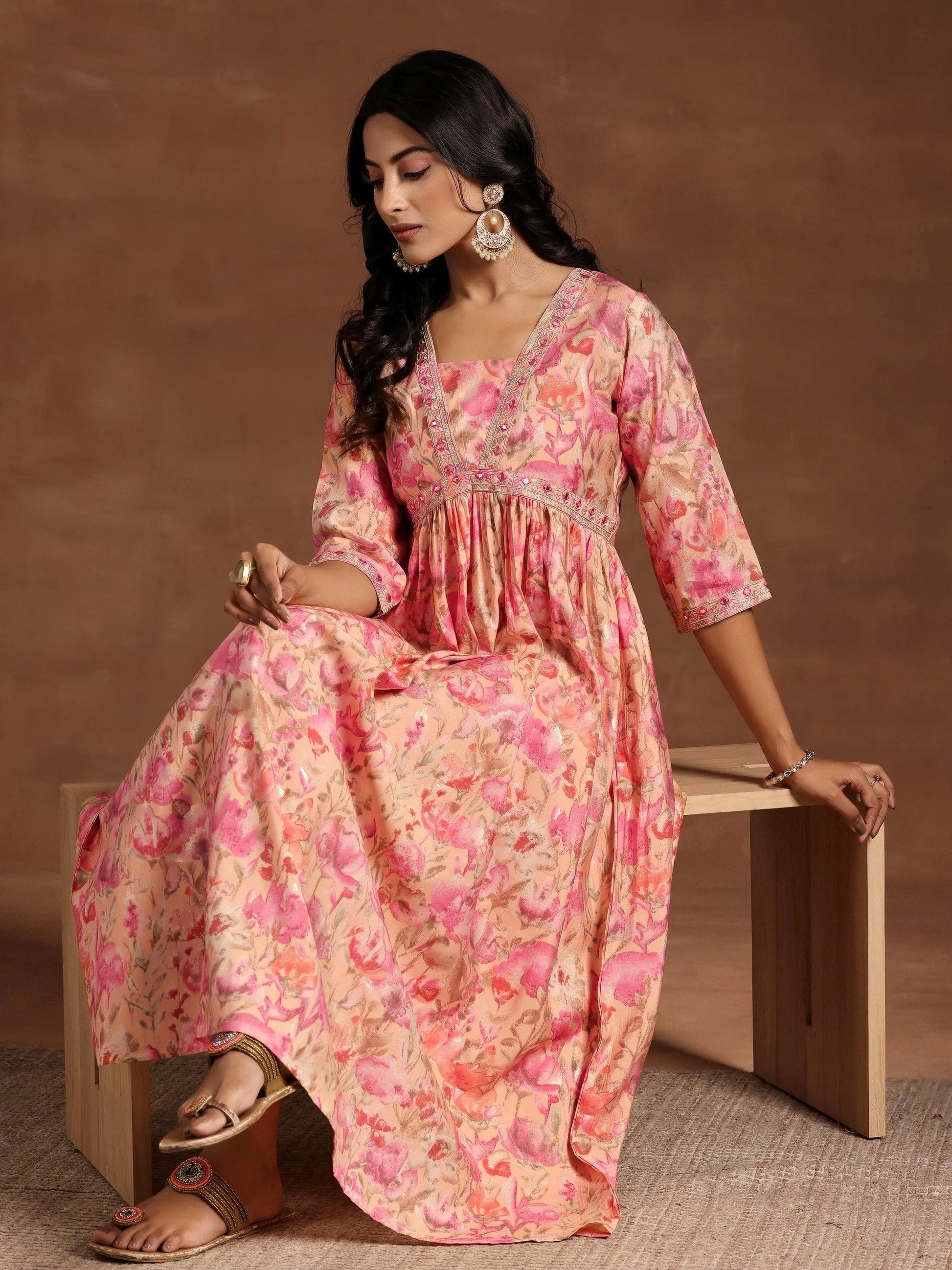 Orange Printed Silk Fit and Flare Dress by My Store