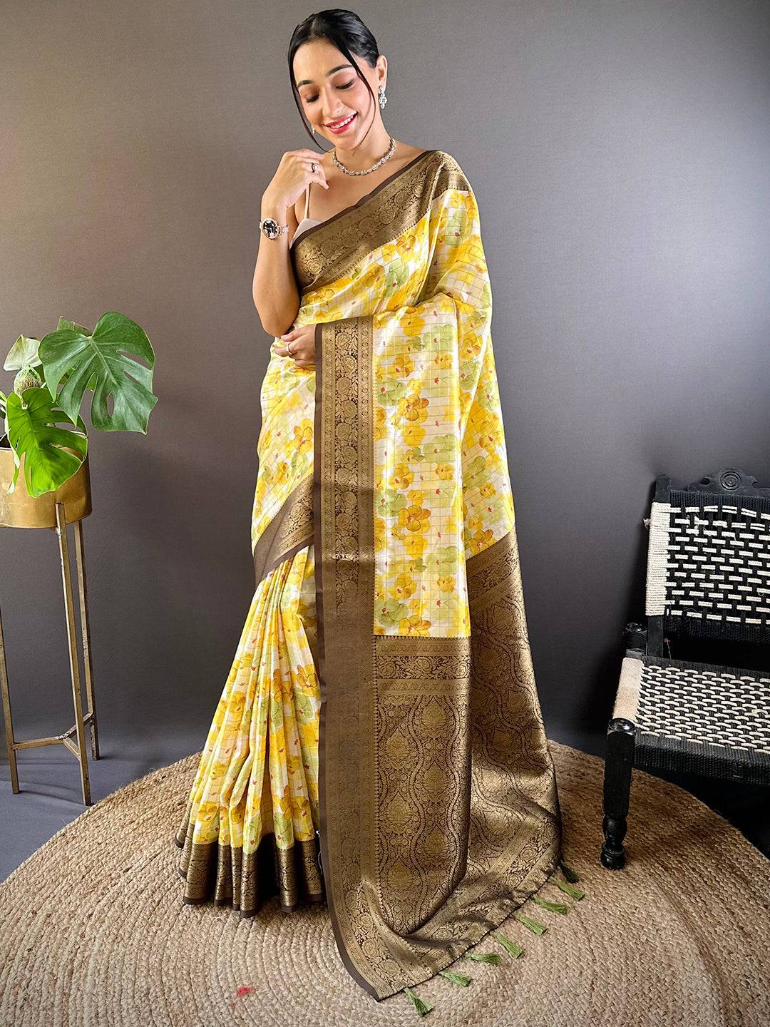 Sunshine Yellow Floral Saree by My Store
