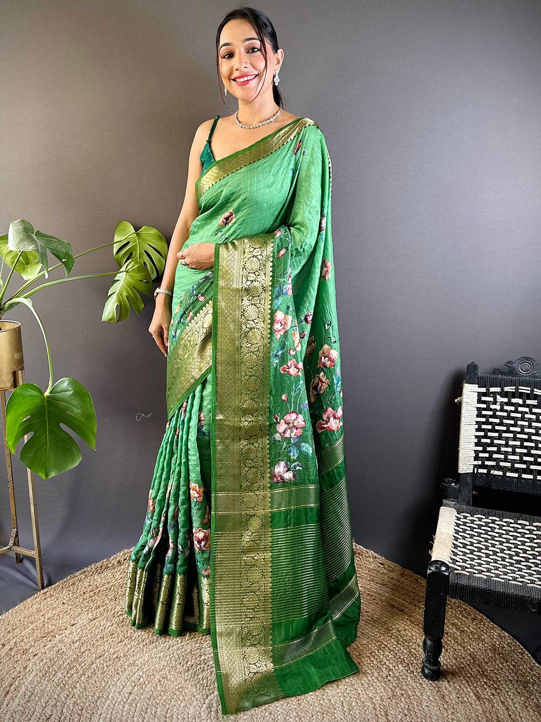Green Floral Zari Chex Saree by My Store