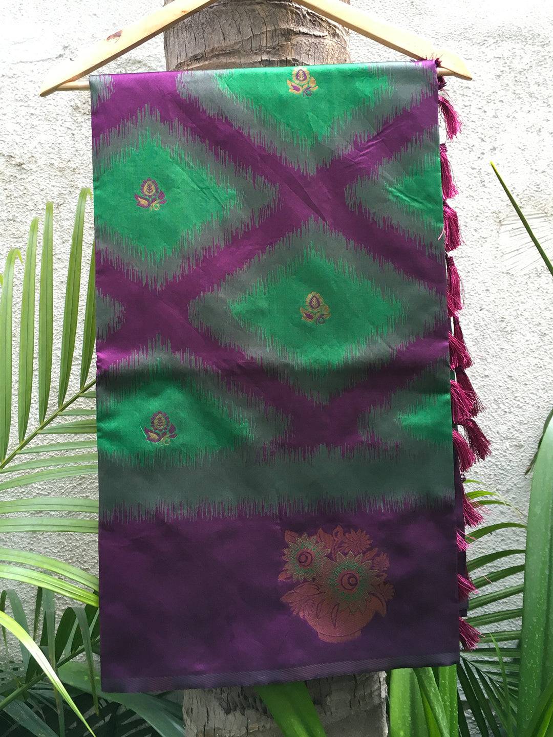 Dark Green Tussar Silk Ikkat Weaving Saree