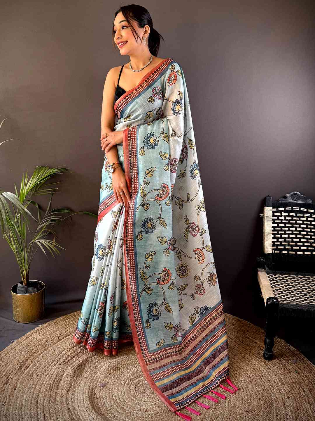 Sky Blue Zari Tussar Floral Saree by My Store