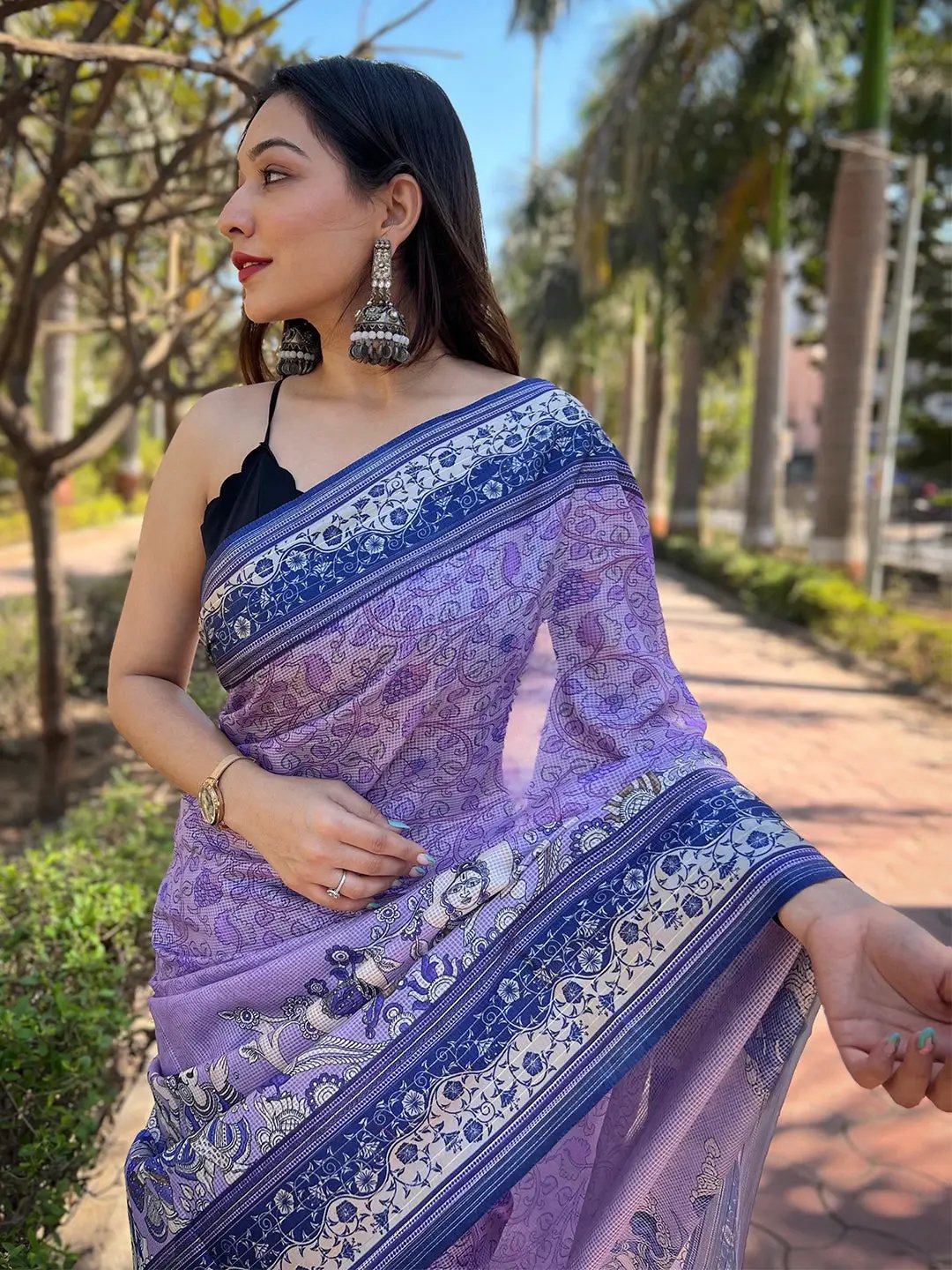 Satin Kota Doria Saree With Kalamkari Digital Print In Purple Colour by My Store