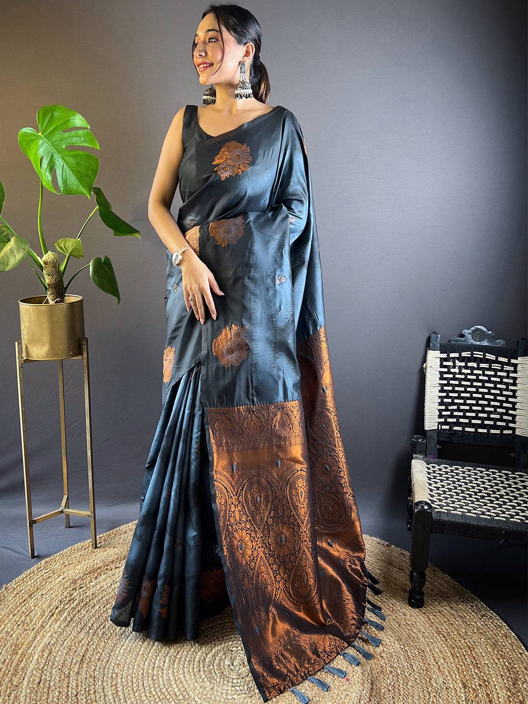 Black Tussar Silk Ikkat Weaving Saree