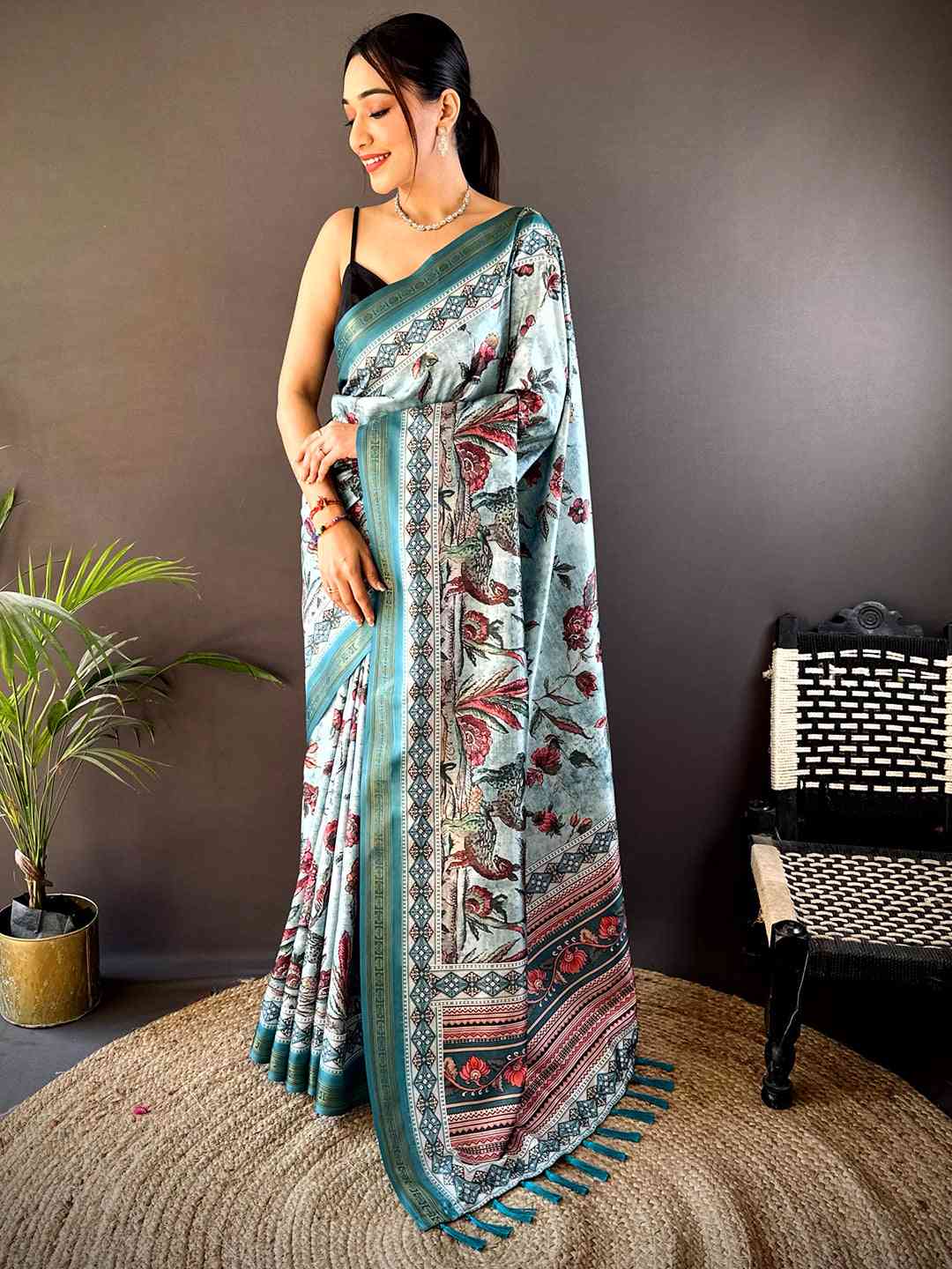 Sky Blue Soft Silk Kalamkari Print Saree by My Store