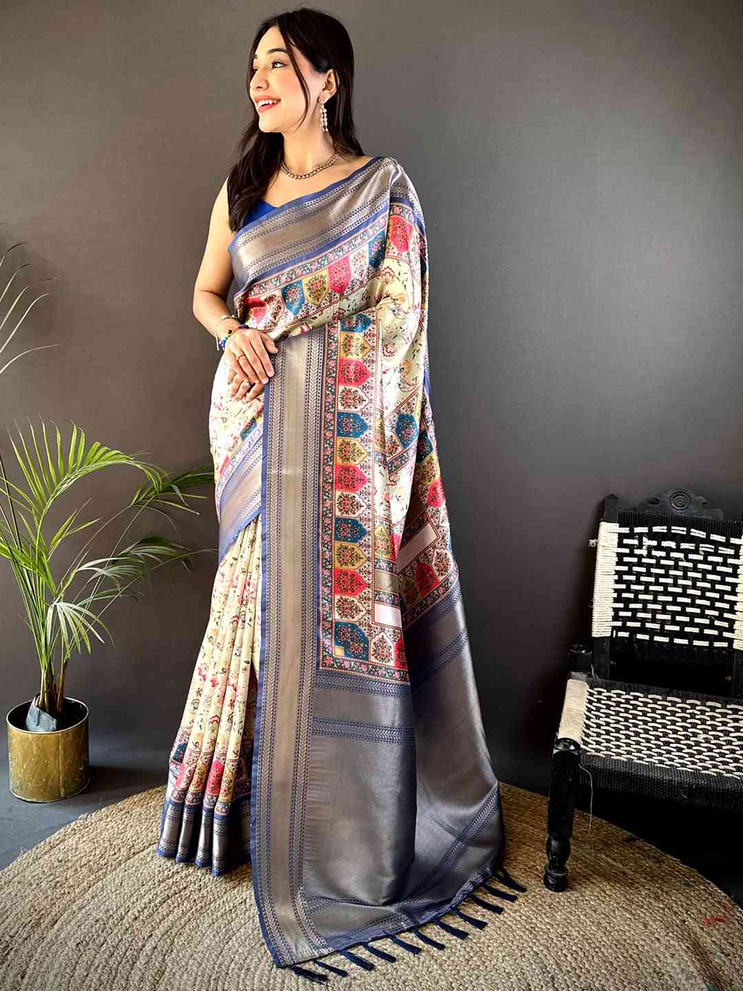 Royal Blue Mughal Kalamkari Print Pashmina Saree by My Store