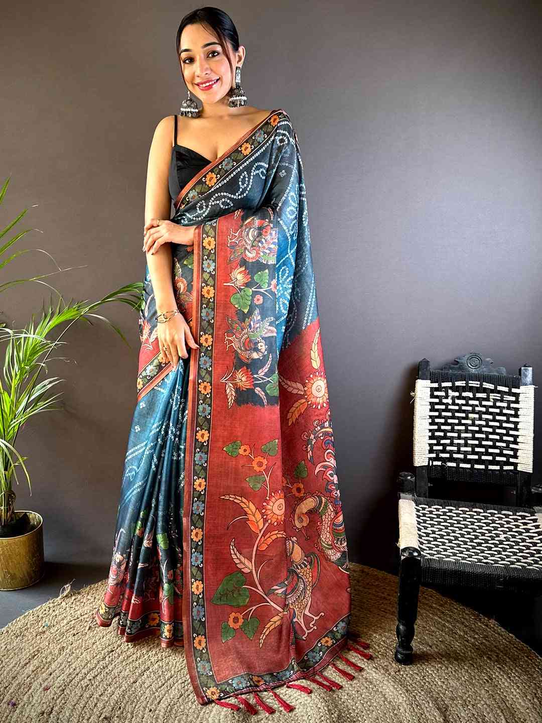 Blue Tissue Bandhej Kalamkari Saree by My Store