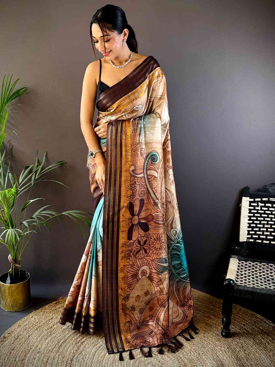 French Beige Soft Silk Abstract Geometric Saree by My Store