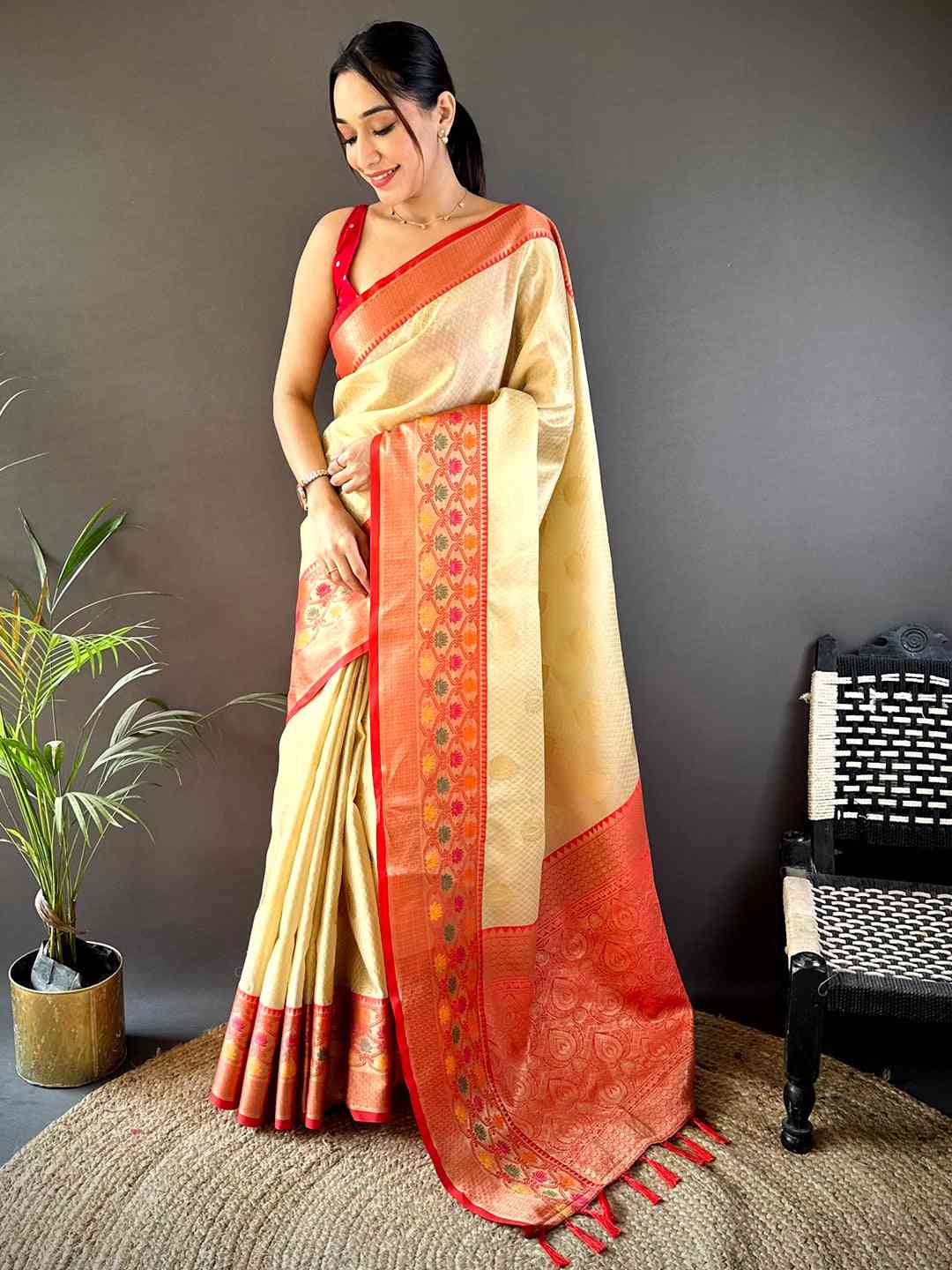 Cream Banarasi Silk Minakari Kanchi Border Saree by My Store