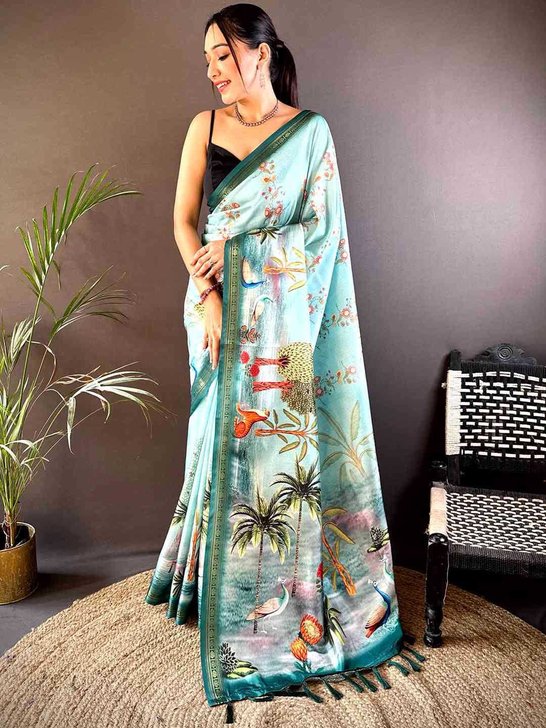 Sky Blue Jungle Printed Silk Saree by My Store