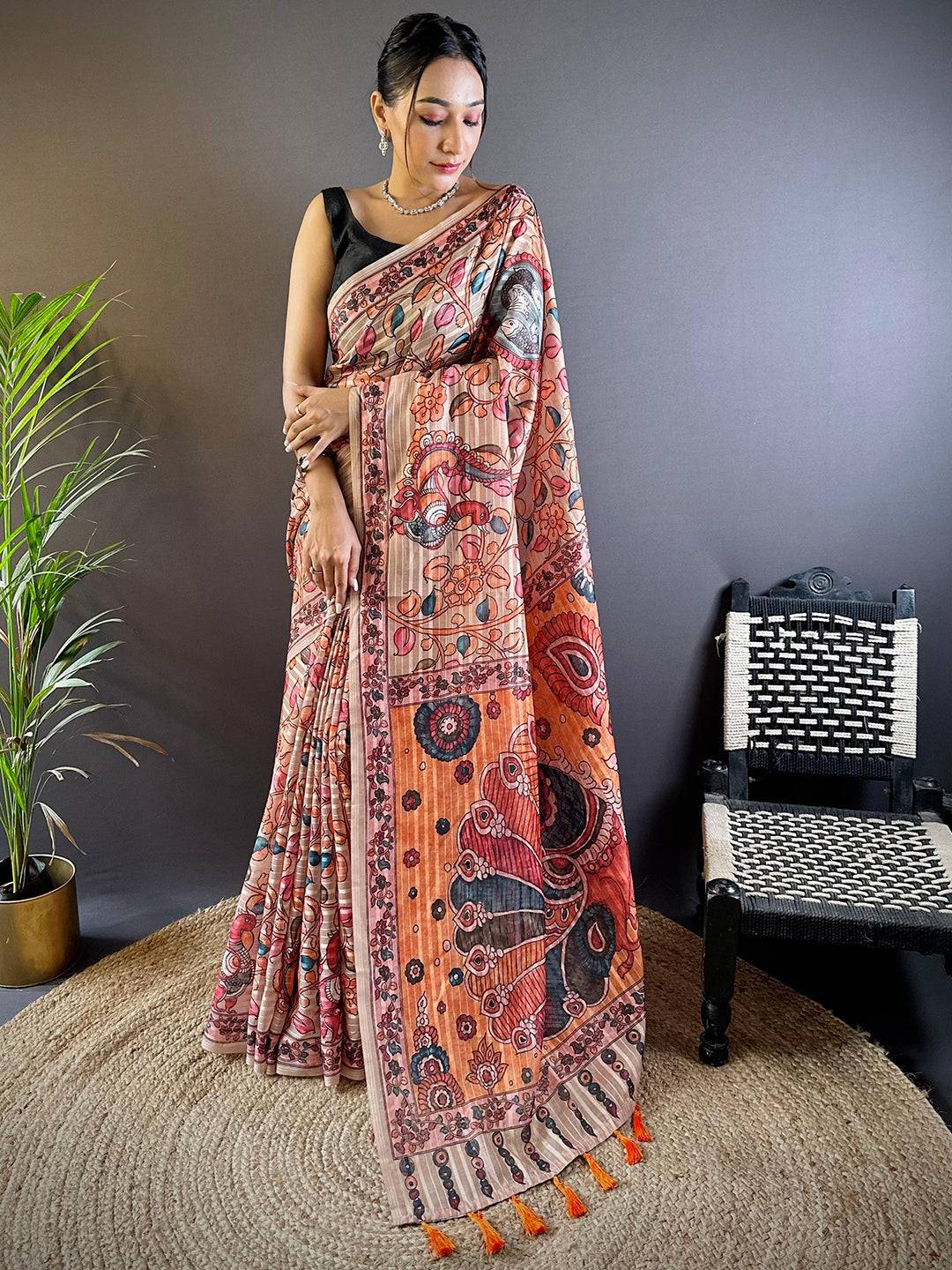 Crayola Peach Kalamkari Saree by My Store