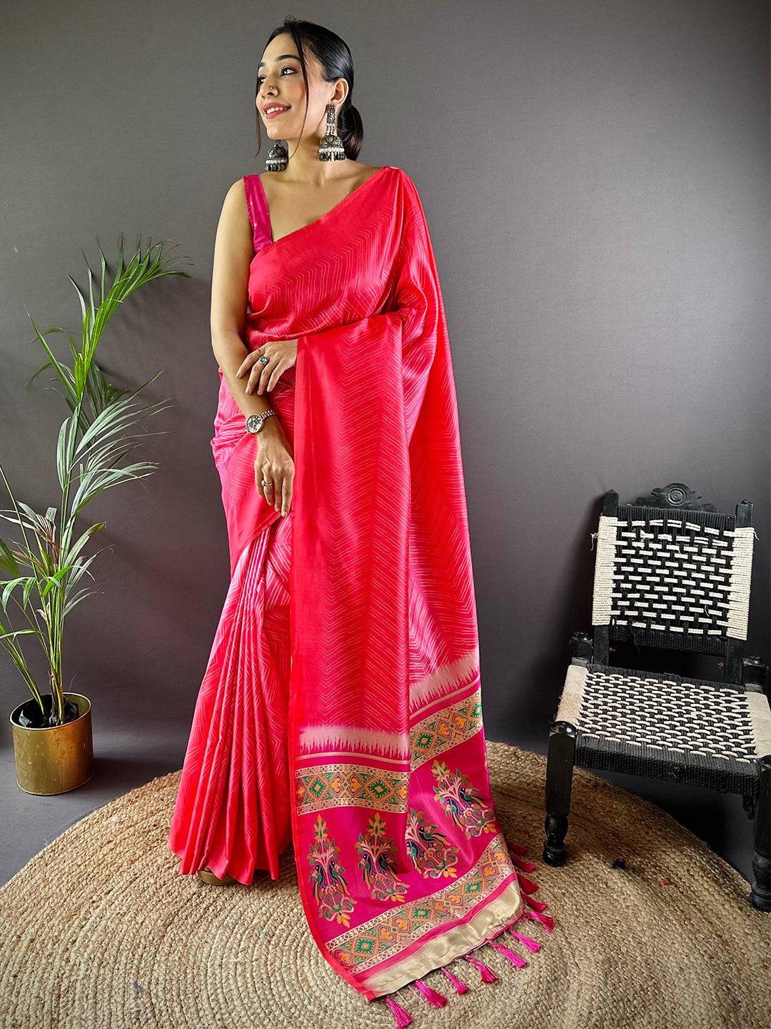Deep Pink Leheriya Gamthi Silk Sarees by My Store