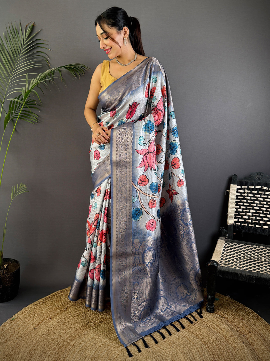 Blue Freehand Design Gadwal Saree