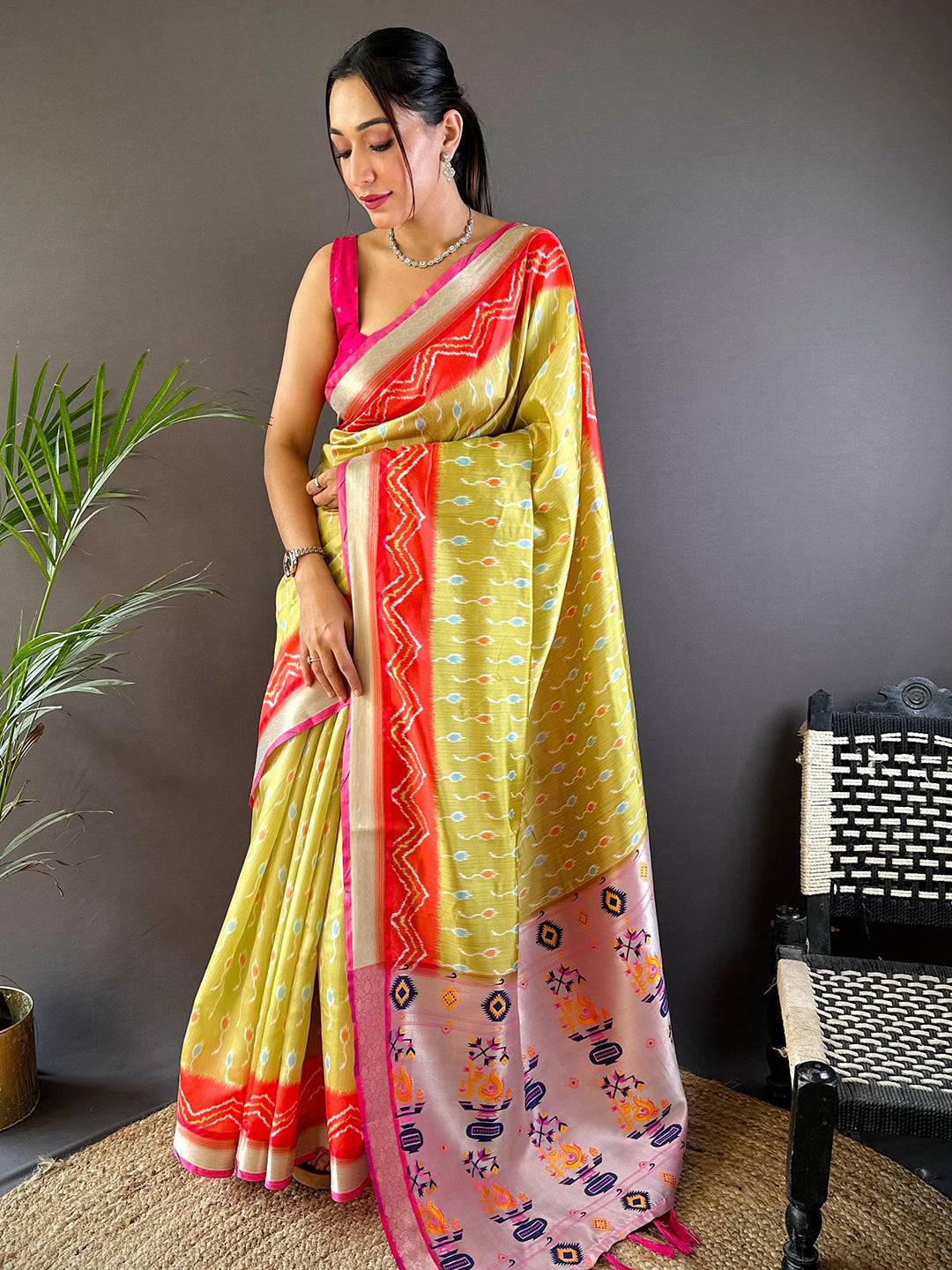 Pastel Yellow Ikkat Paithani Soft Silk Saree by My Store