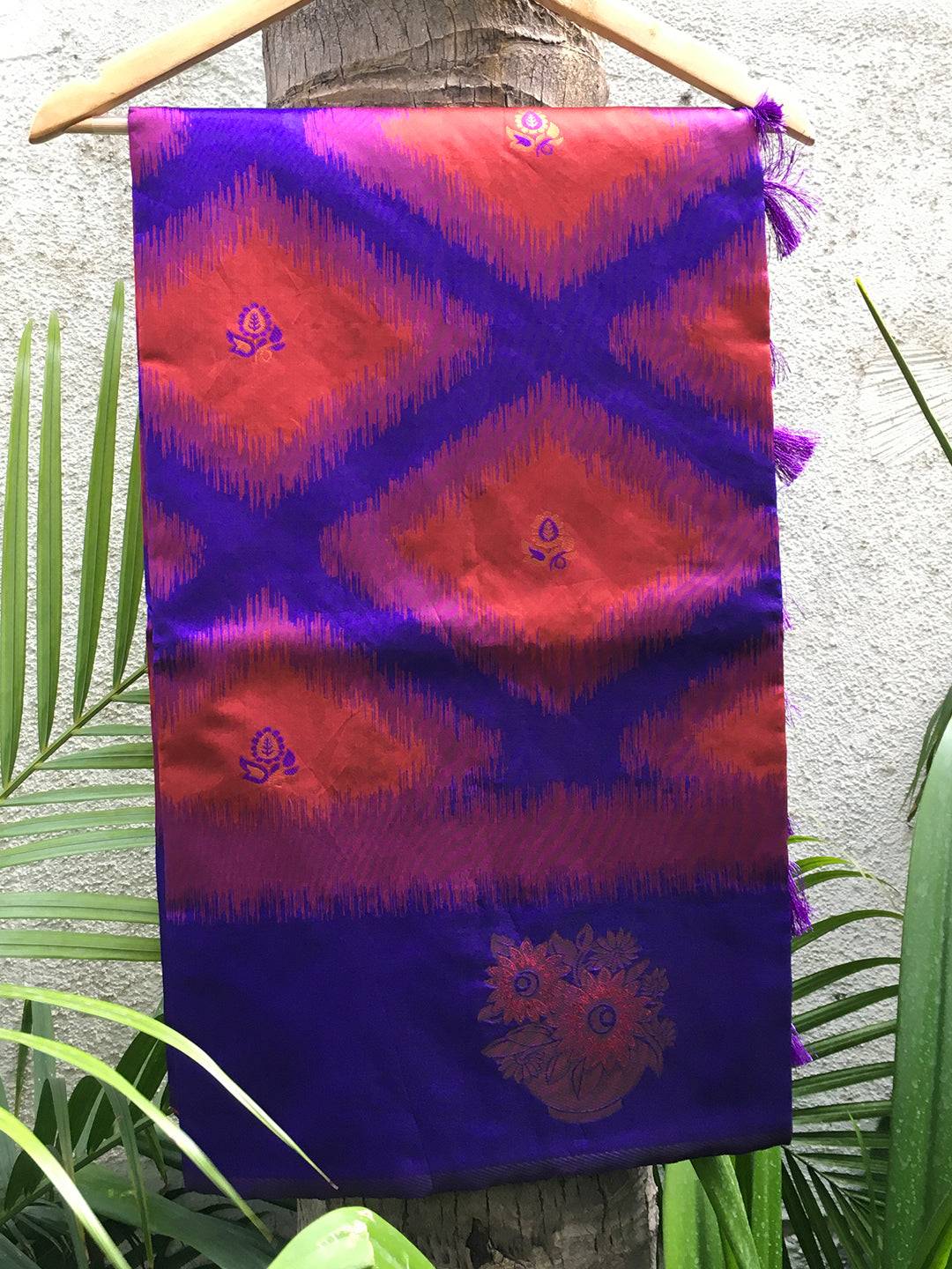 Rose Red Tussar Silk Ikkat Weaving Saree by My Store