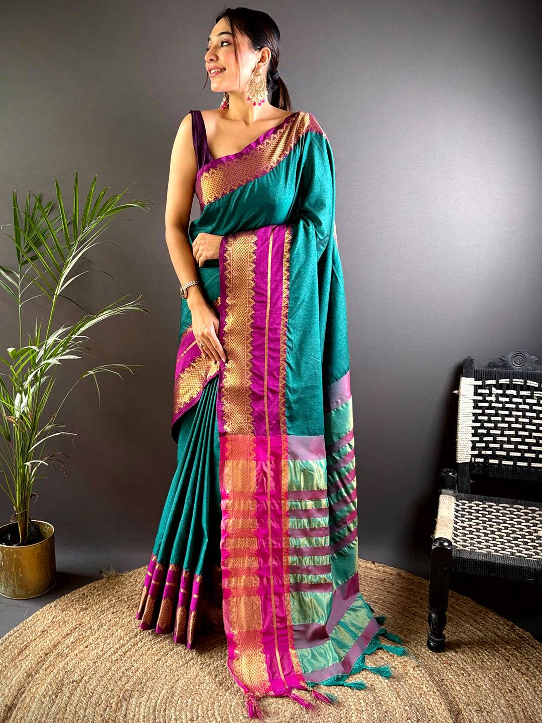 Gold Zari Magenta Accent Saree by My Store