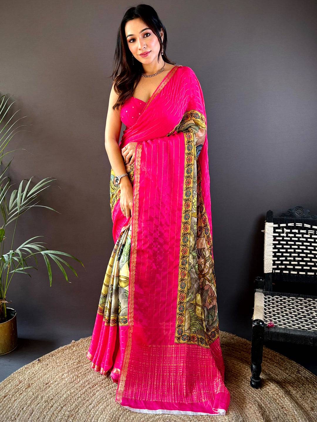 Pink Kalamkari Printed Viscos Chiffon Saree