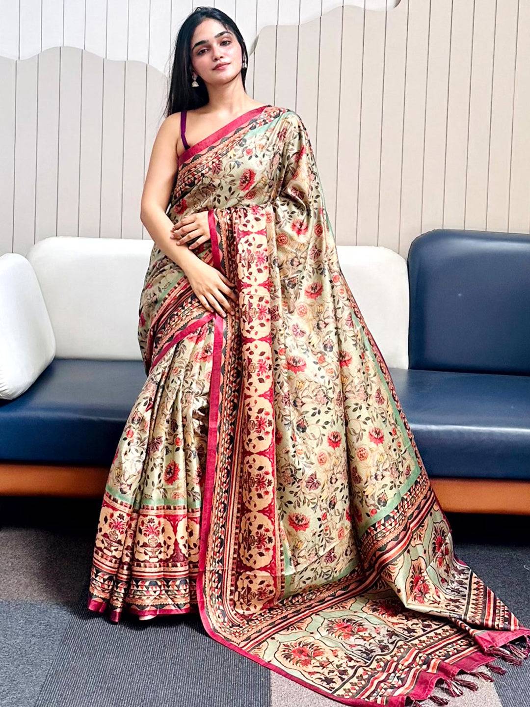 Pista Tussar Silk Flower Pashmina Print Saree by My Store