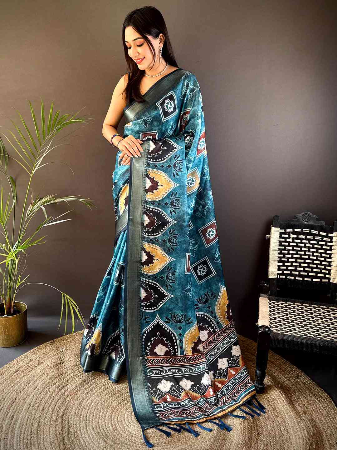 Teal Kota Doriya Zari Weave Digital Print Saree by My Store