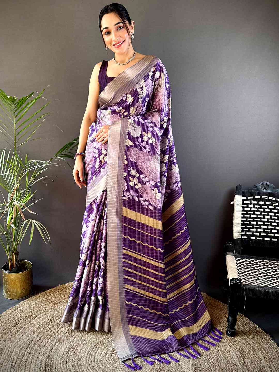 Purple Tussar Chex Floral Saree by My Store