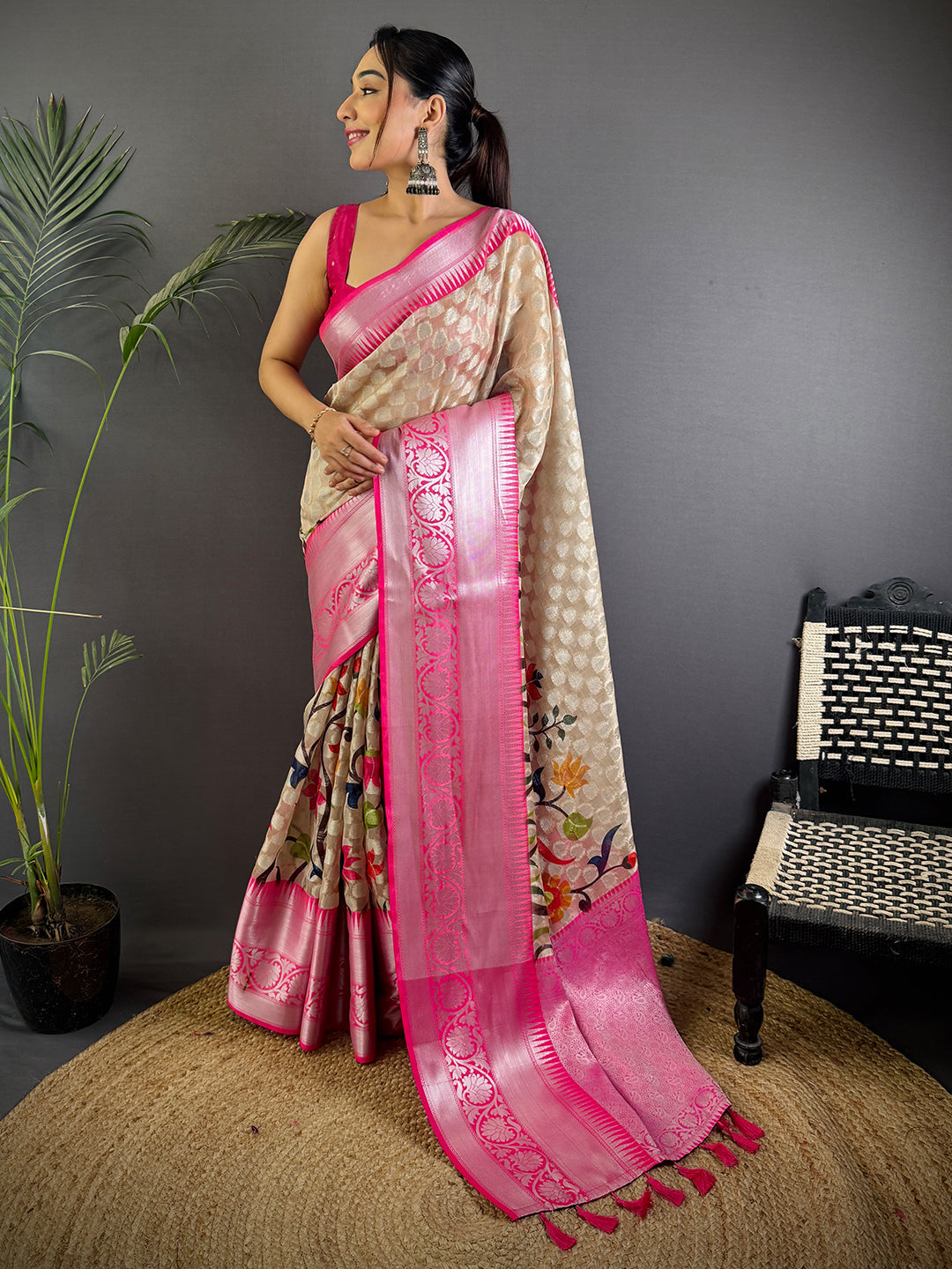 Elegant Cream Kora Tissue Saree by My Store