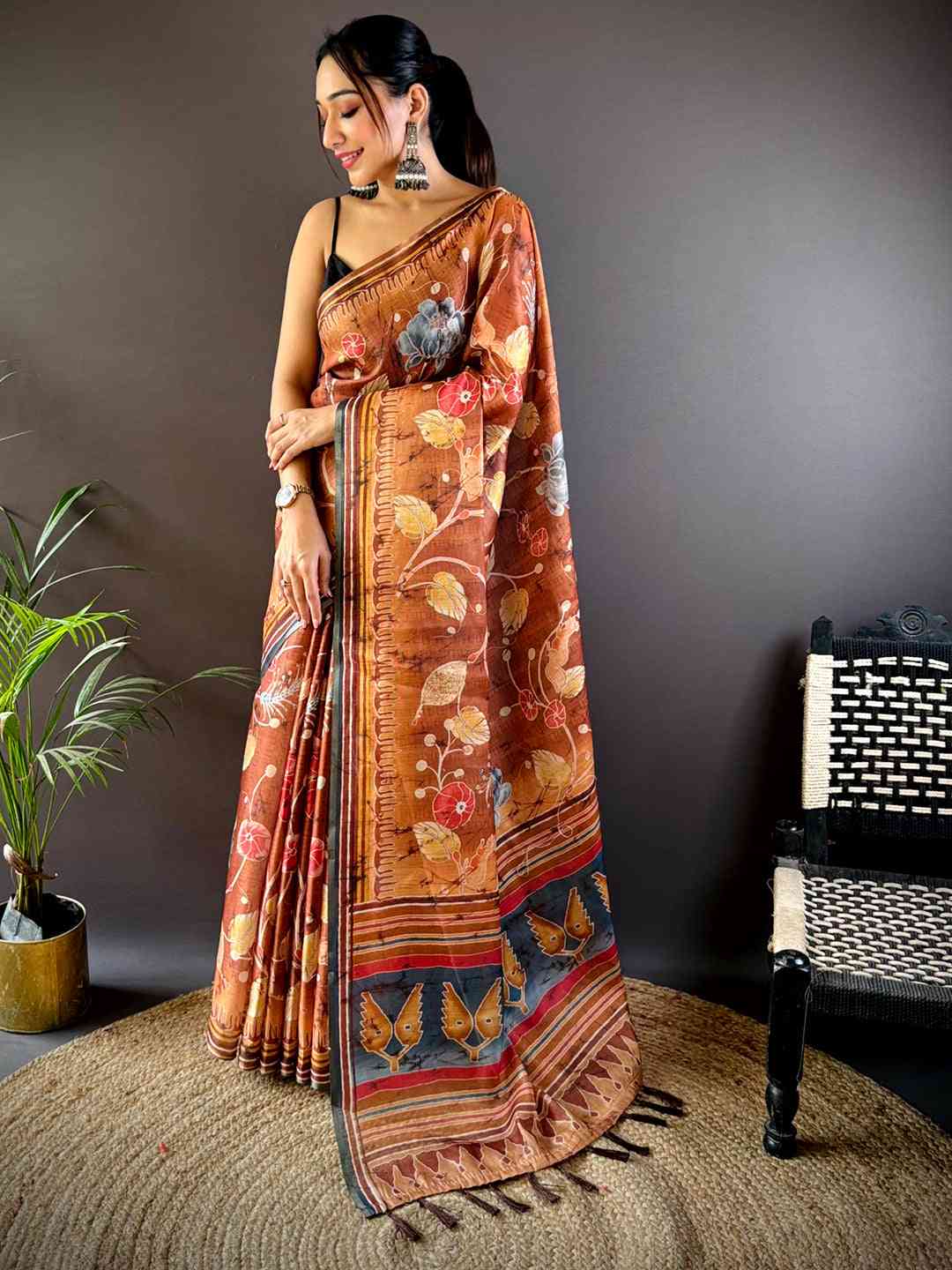 Copper Brown Tissue Chanderi Kalamkari Saree by My Store