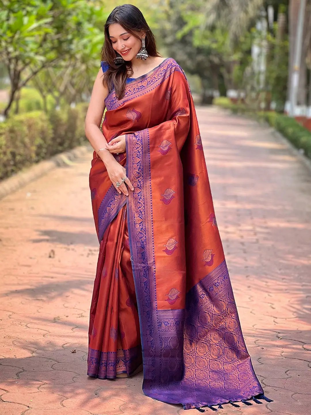 Rust Red Kanjivaram Tissue Saree With Gold Zari Weaving by My Store