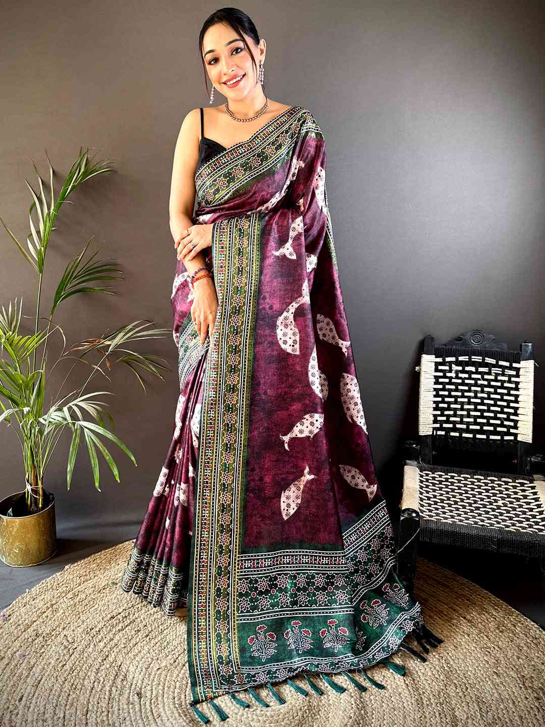 Dark Wine Soft Silk Fish Kalamkari Saree by My Store