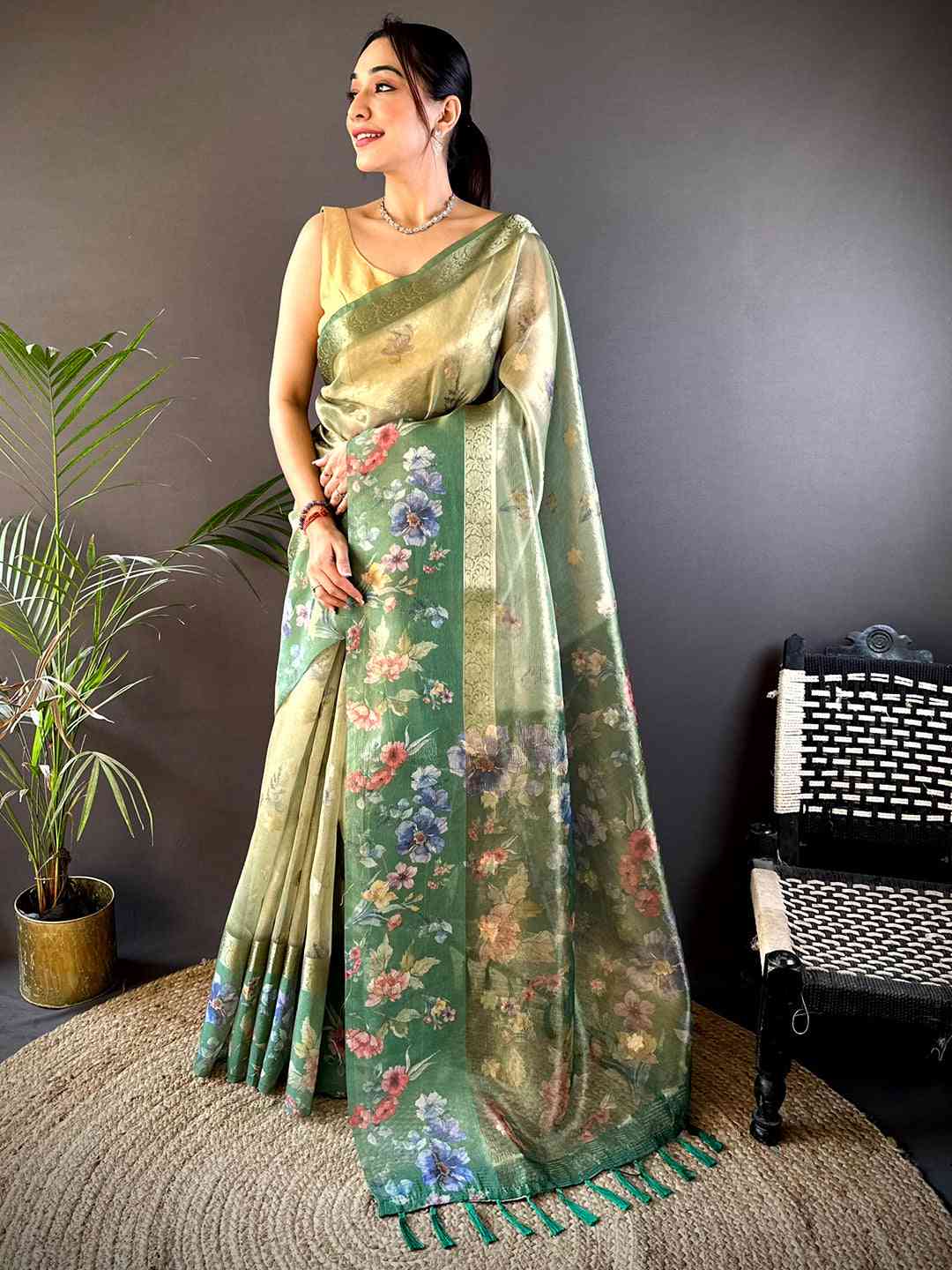 Dark Green Tissue Digital Floral Saree by My Store