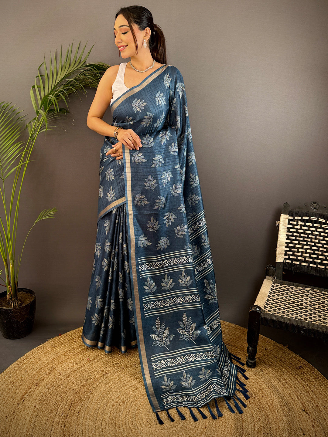 Steel Blue Leaf Print Ghicha Handloom Saree by My Store