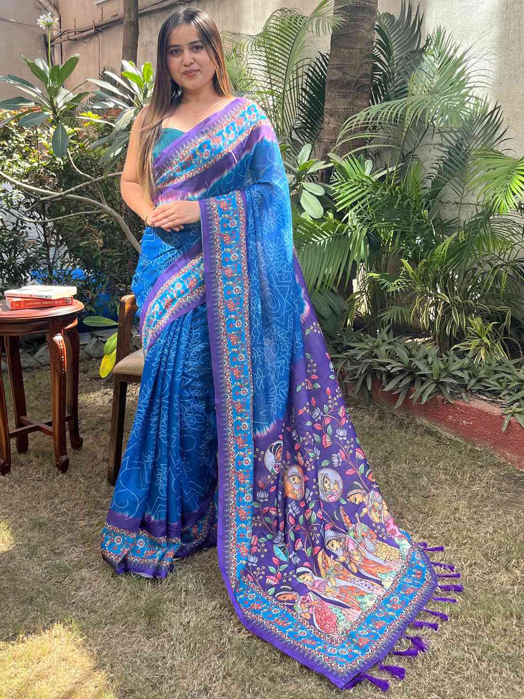 Royal Blue Design Linen Saree with Bandhej and kalamkari Digital Print by My Store