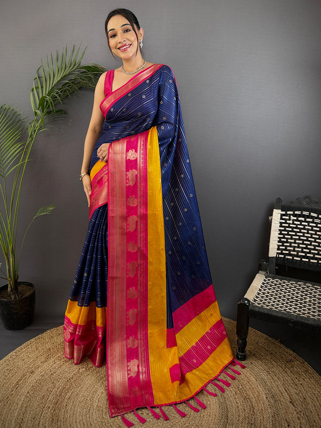 Royal Blue Soft Dola Silk Striped Print Saree by My Store