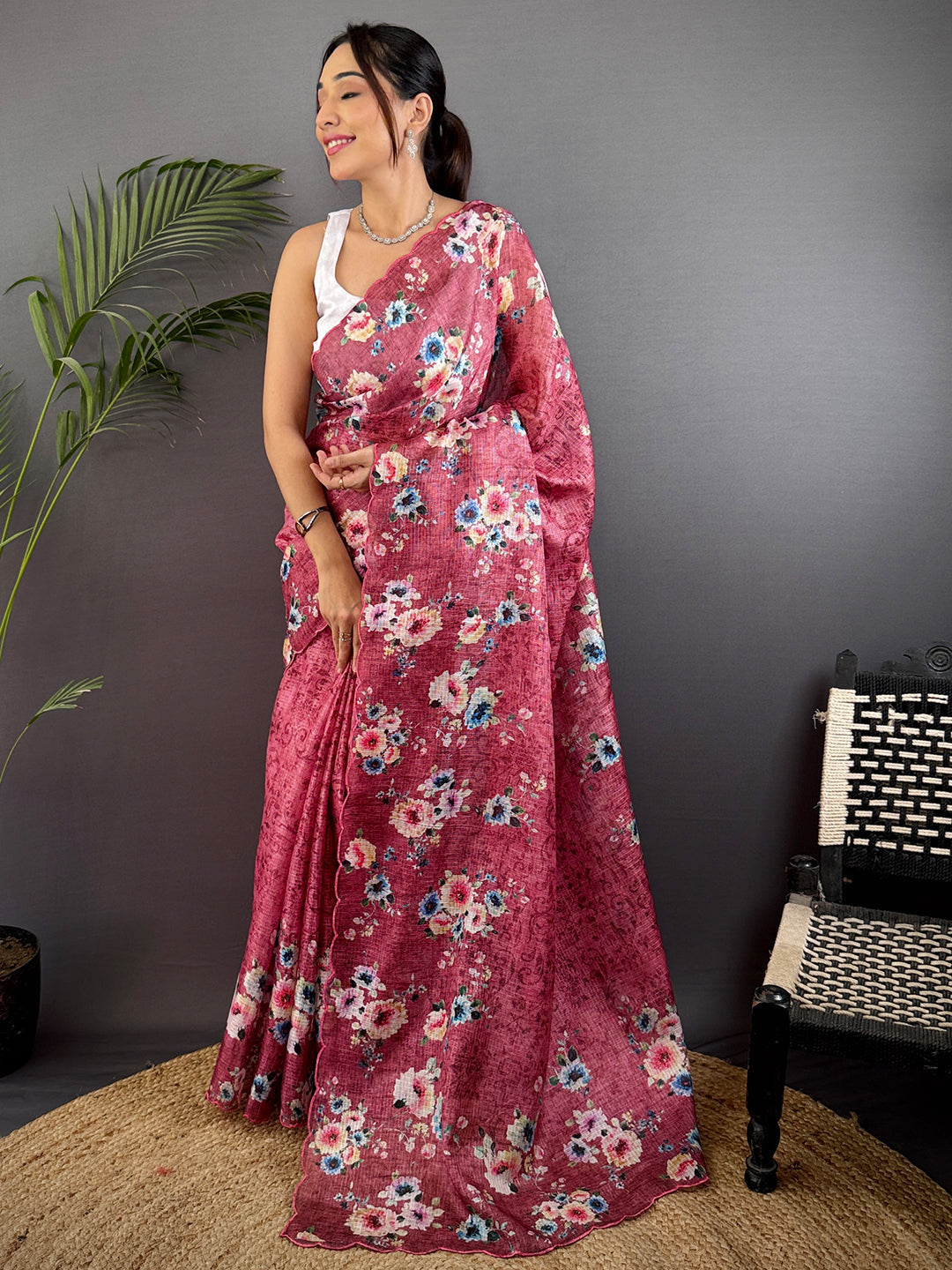Rose Pink Kota Doriya Floral Cut Work Saree by My Store