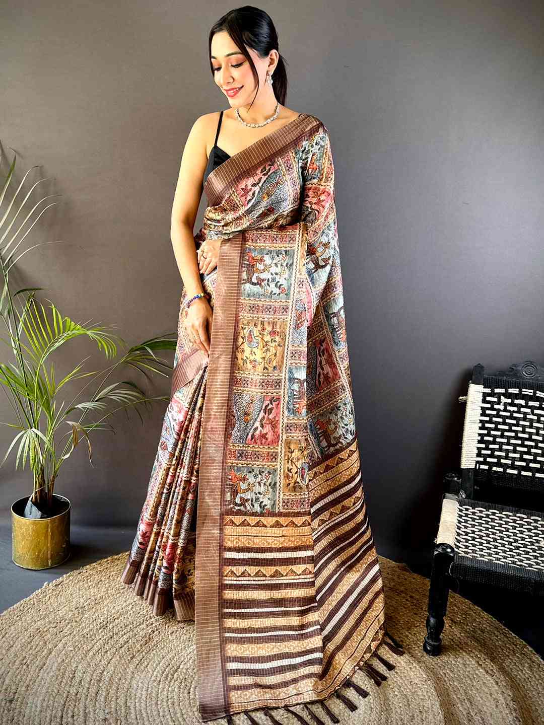 Multi Black Chex Kalamkari Madhubani Saree by My Store
