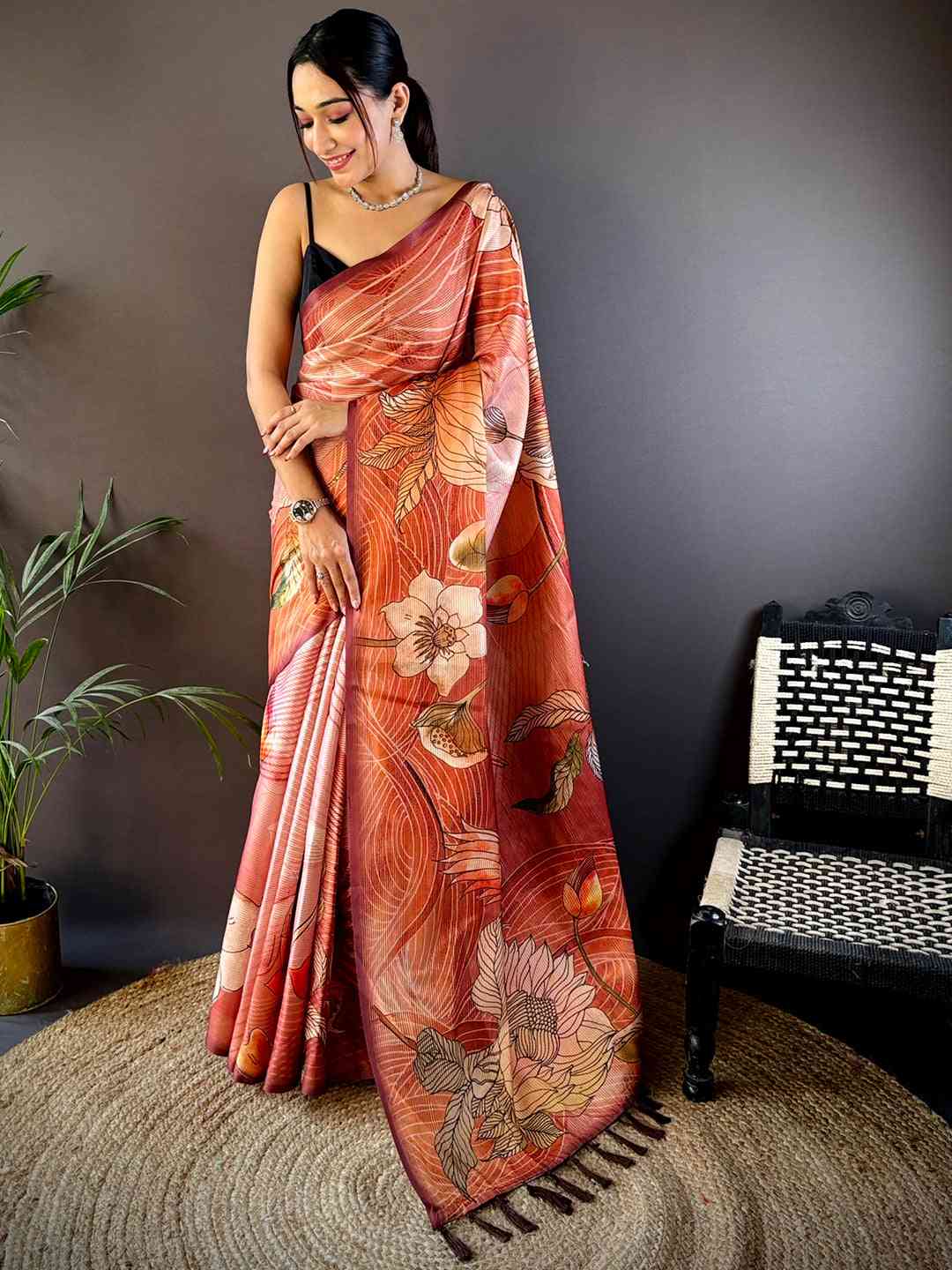 Flame Red Semi Zari Tussar Botanical Saree by My Store