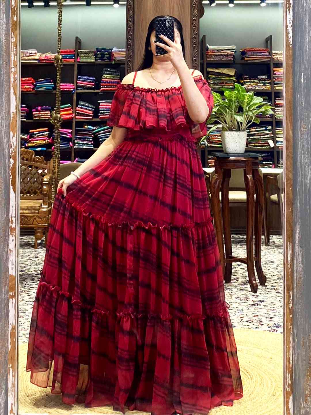 Tartan Print Off-Shoulder Ruffle Dress by My Store