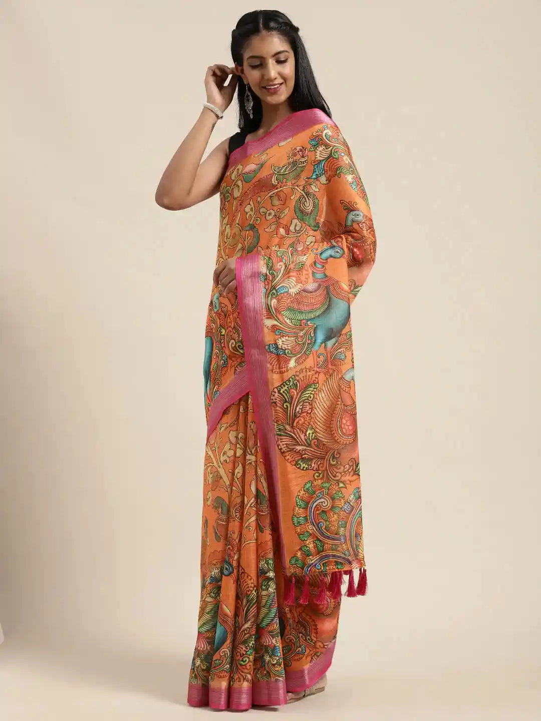 Orange Colour Kalamkari Print Saree With Zari Border by My Store