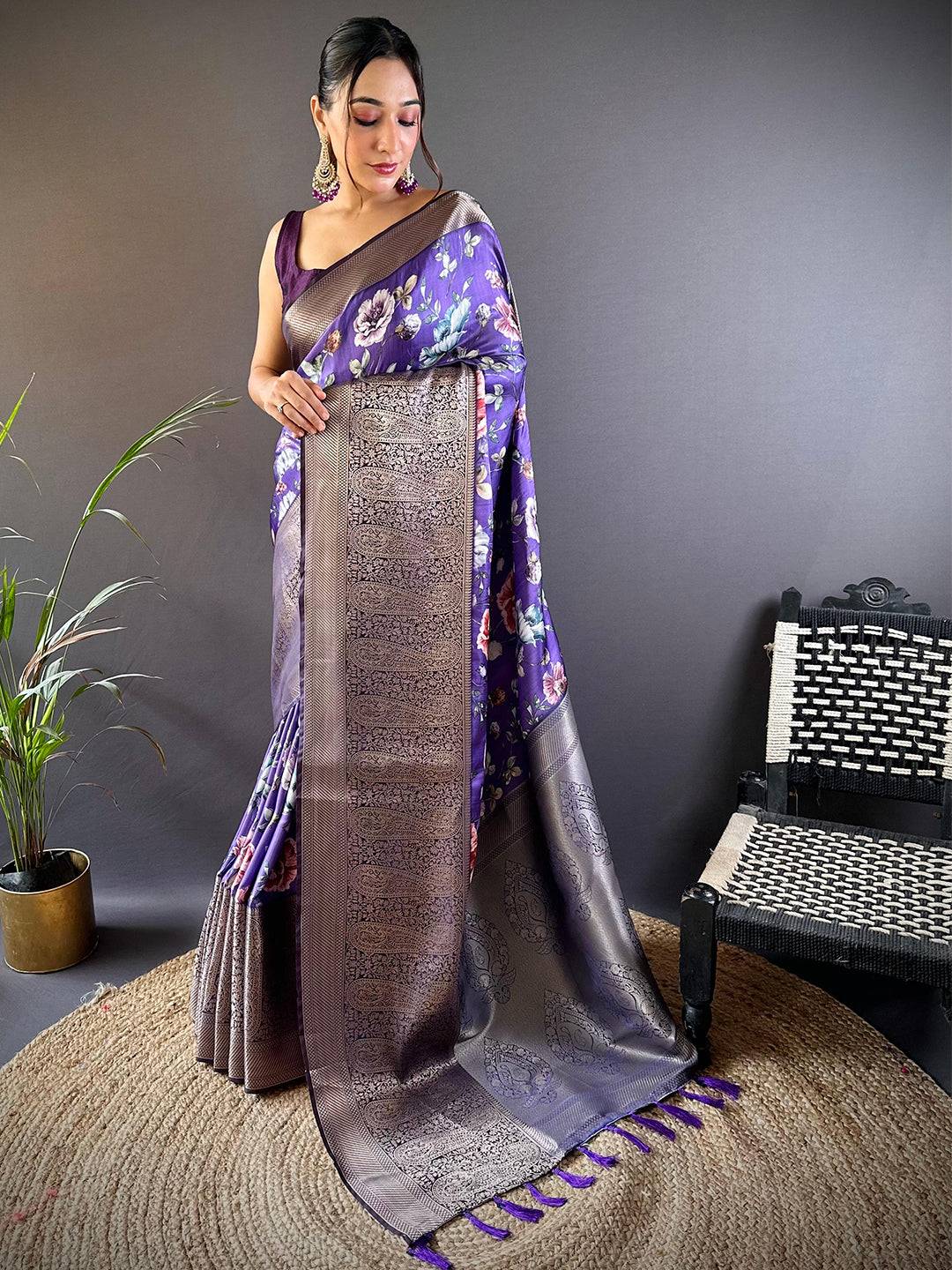 Lavender Satin Silk Floral Print Saree