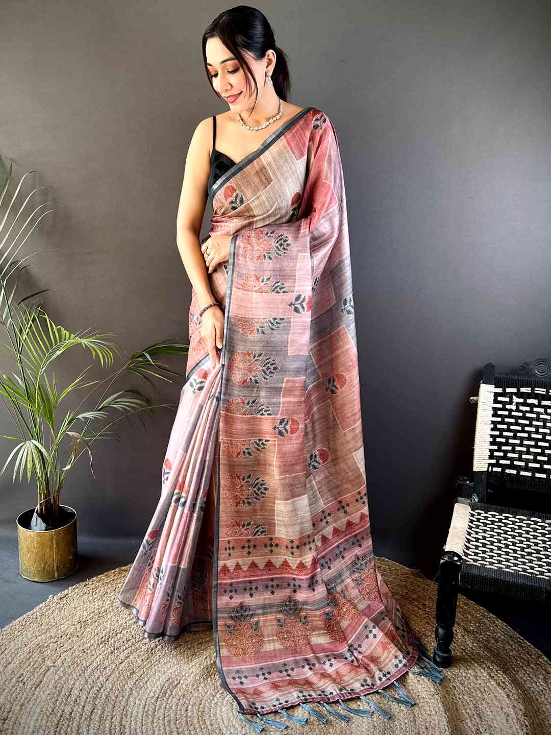 Dusty Rose Tissue Chanderi Geometric Floral Saree by My Store