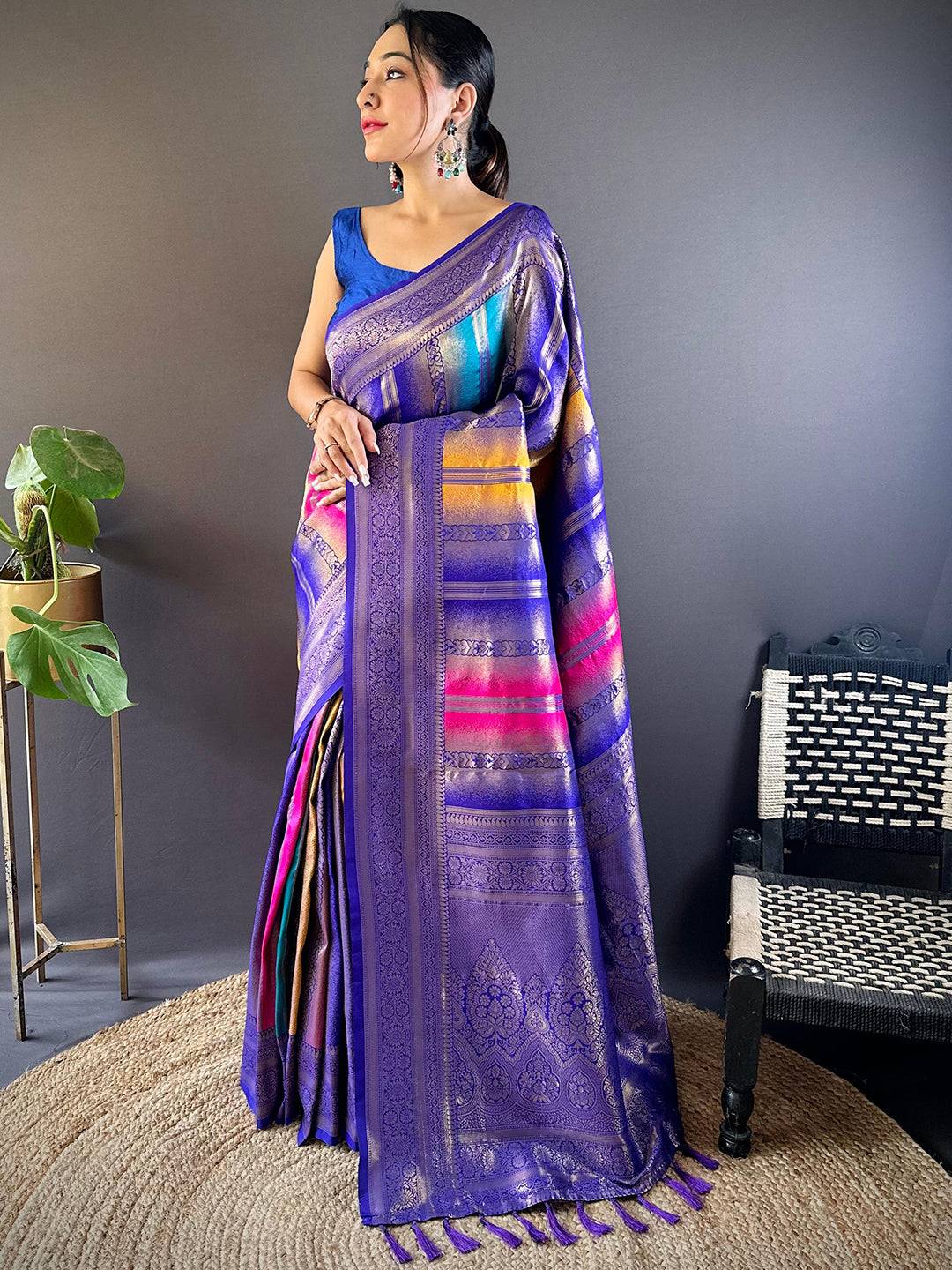 Regal Purple Stripes Banarasi Silk Saree by My Store