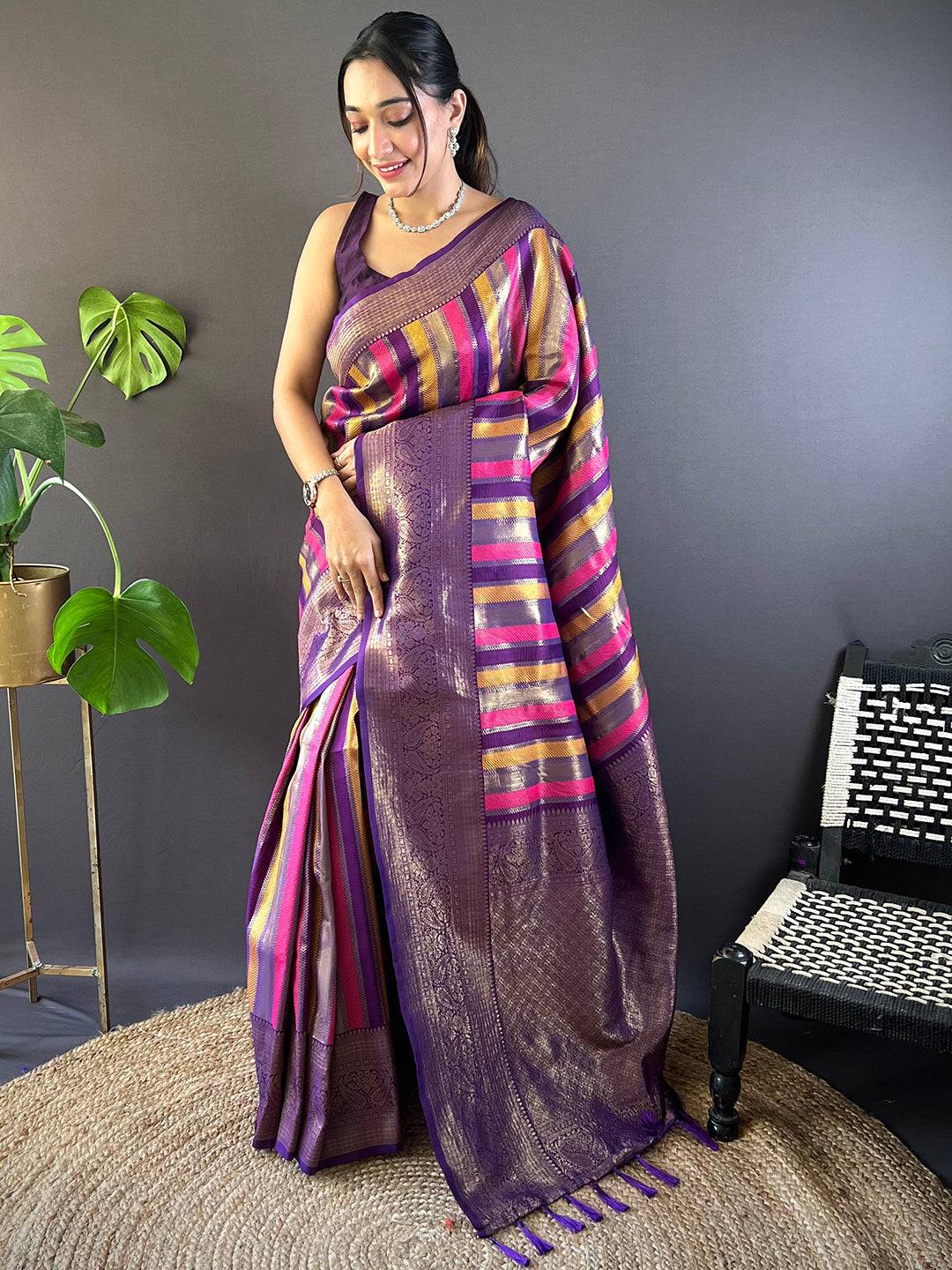 Radiant Stripes Banarasi Silk Saree by My Store