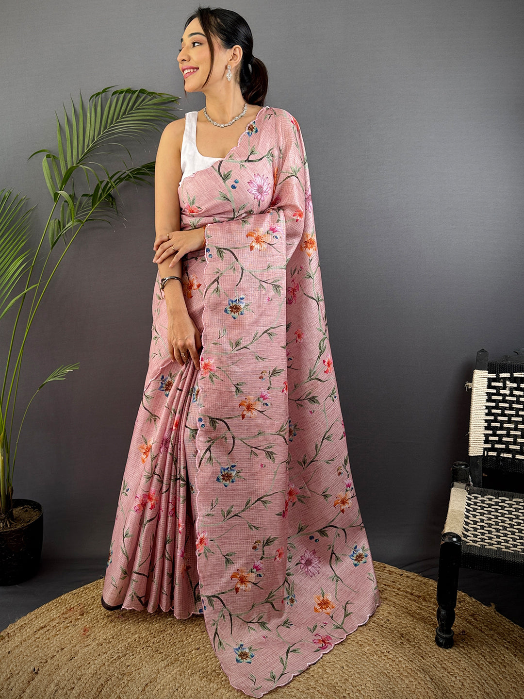 Light Pink Soft Kota Floral Print Saree by My Store
