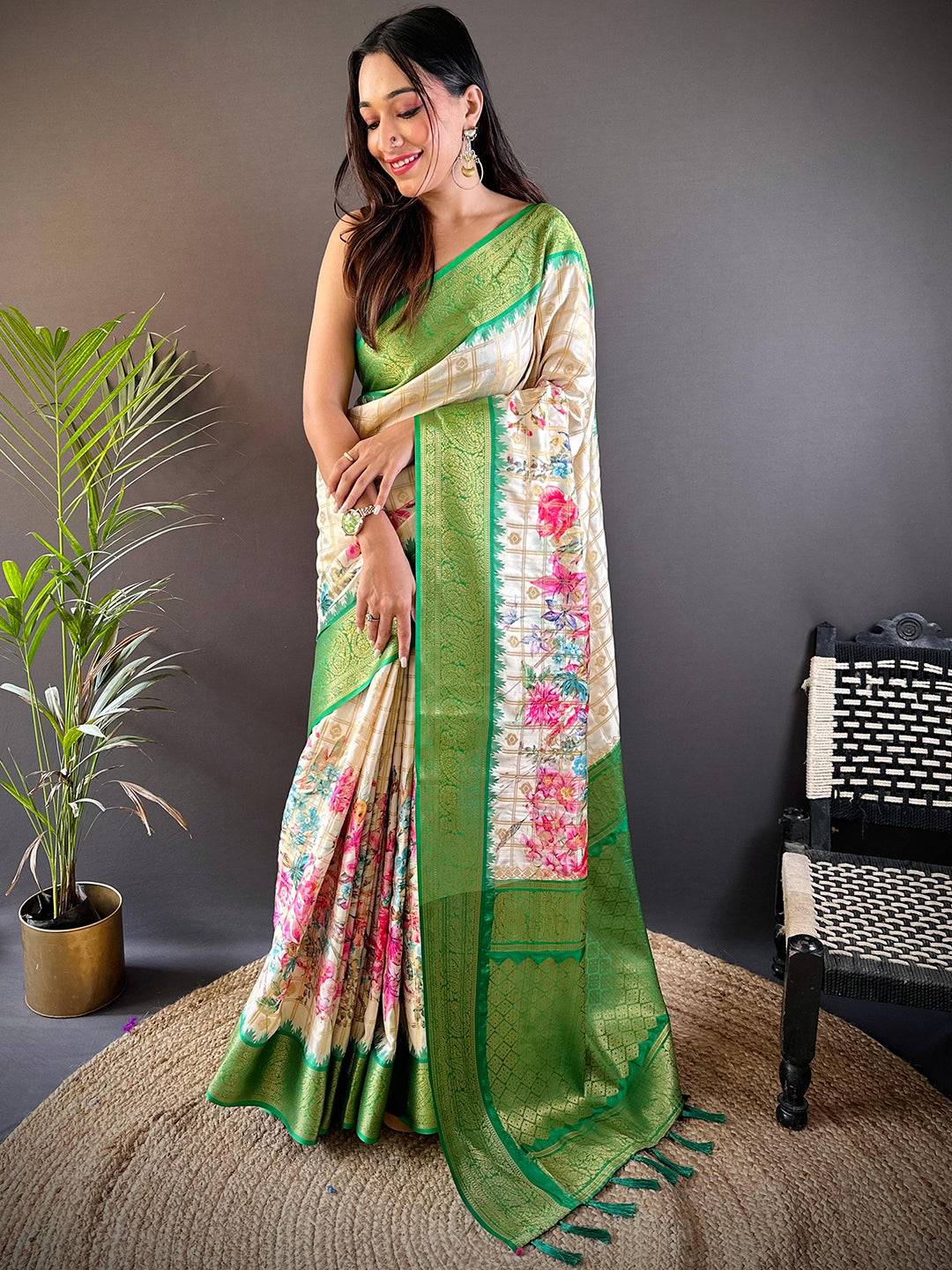 Green Floral Bloom Kovai Rettapet Saree by My Store